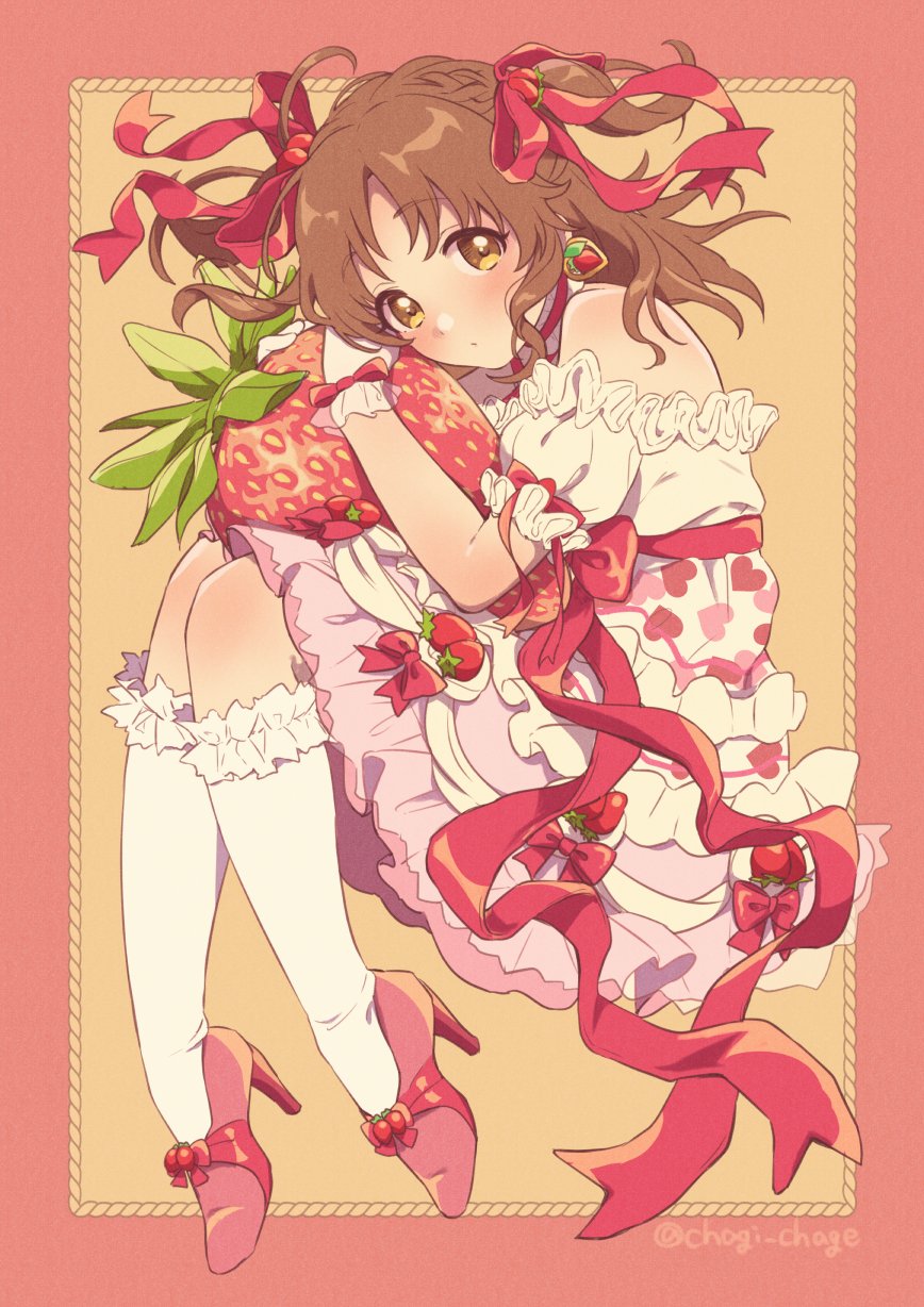 1girl, :o, bare_shoulders, blush, bow, braid, brown_hair, chagi_chage