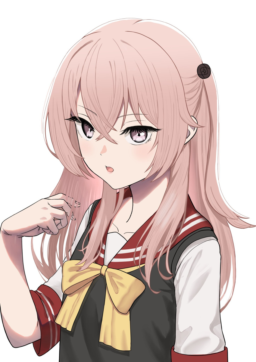 1girl, adjusting_hair, black_flower, black_rose, black_sweater_vest, bow, bowtie, breasts, crossed_bangs, flower, hair_between_eyes, highres, inui_sajuna, kai3_ika, long_hair, looking_at_viewer, open_mouth, pink_eyes, pink_hair, red_sailor_collar, rose, sailor_collar, shirt, short_sleeves, simple_background, small_breasts, sono_bisque_doll_wa_koi_wo_suru, sweater_vest, two_side_up, white_shirt, yellow_bow, yellow_bowtie