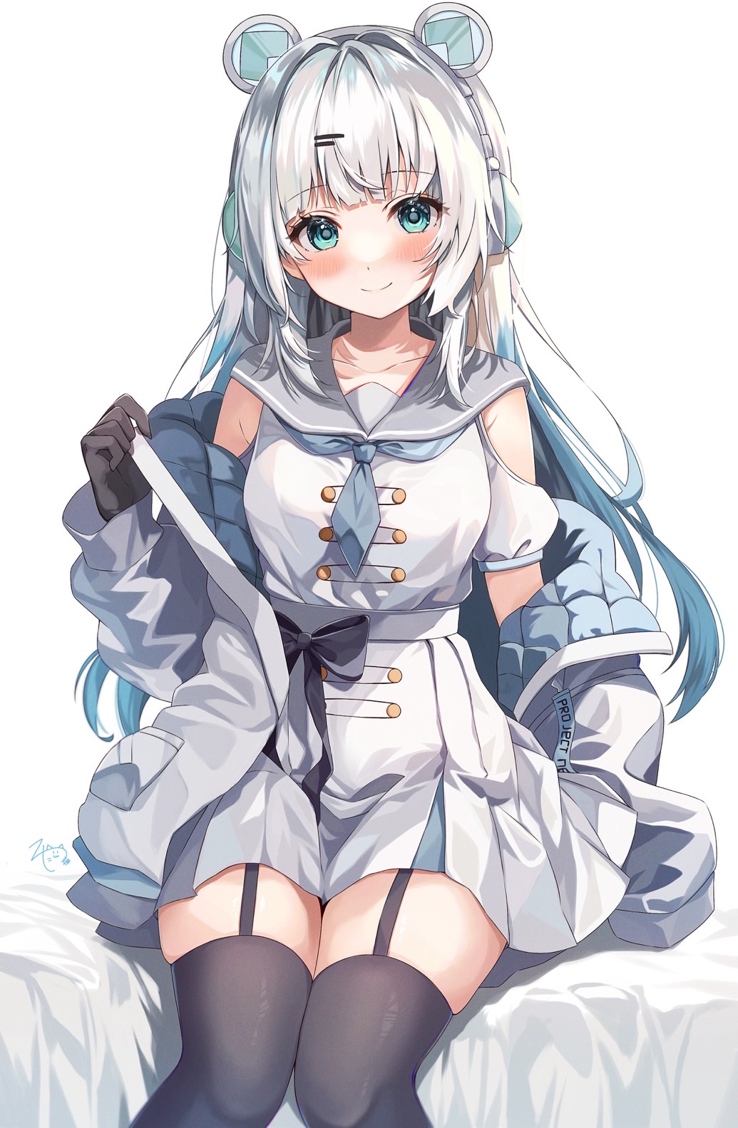 1girl, black_gloves, black_thighhighs, blue_eyes, blue_hair, blush, commentary, commission, dress, gloves, grey_sailor_collar, hair_ornament, hairclip, headphones, highres, jacket, long_hair, multicolored_hair, open_clothes, open_jacket, project_nebula, rojineco_nene, sailor_collar, sailor_dress, sitting, skeb_commission, smile, solo, streaked_hair, symbol-only_commentary, thigh-highs, usui_yura, very_long_hair, virtual_youtuber, white_dress, white_hair, white_jacket