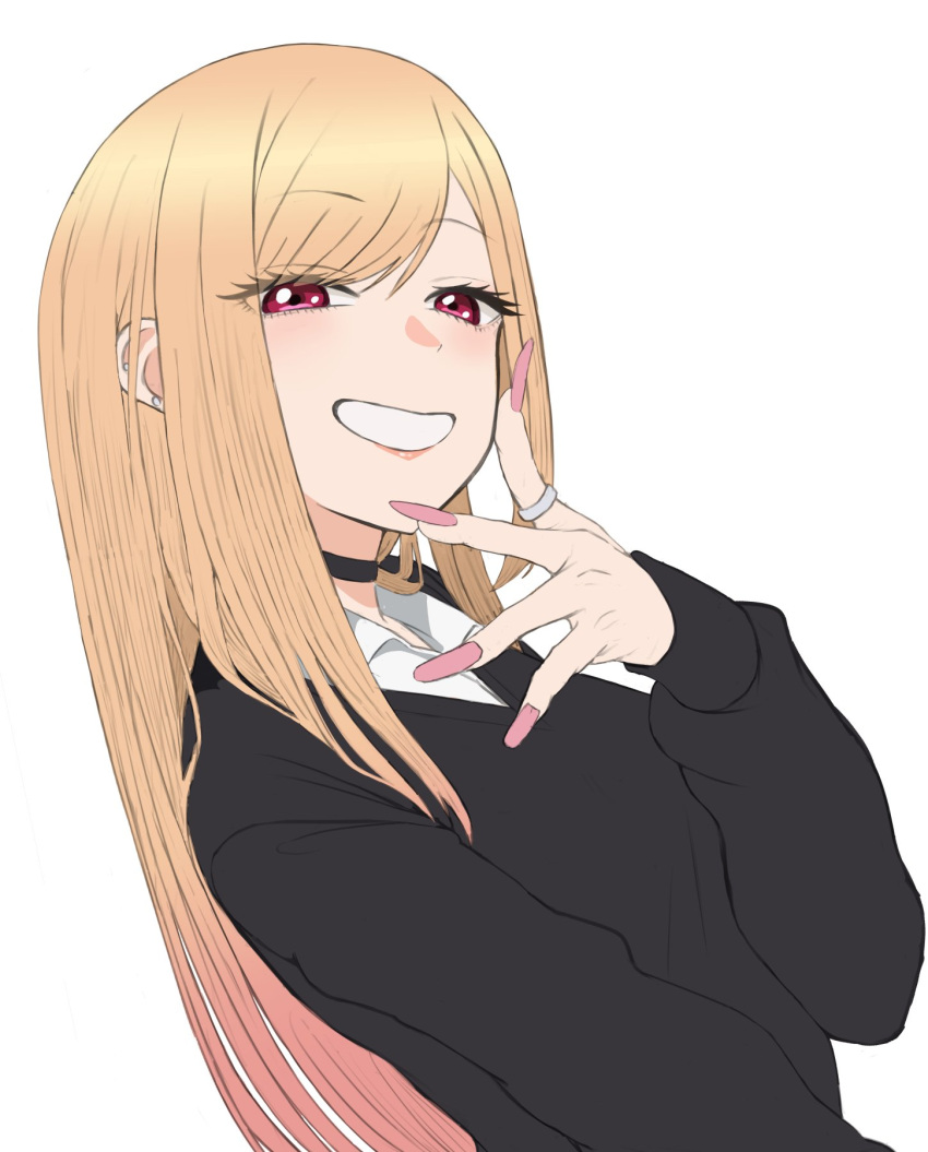 1girl, black_choker, blonde_hair, blush, choker, ear_piercing, fake_nails, gradient_hair