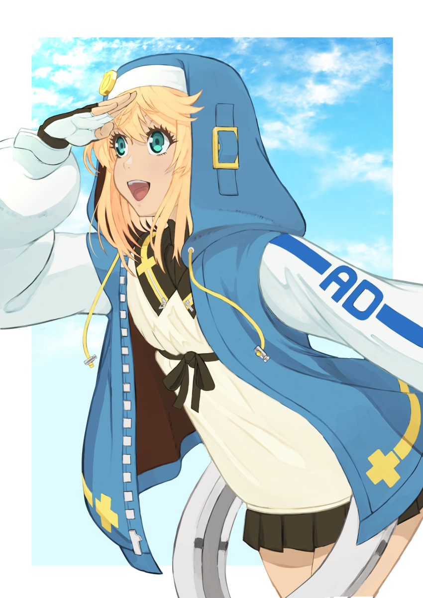 1girl, black_gloves, black_skirt, blonde_hair, bridget_(guilty_gear), cuffs, female_focus, fingerless_gloves, gloves, green_eyes, guilty_gear, guilty_gear_strive, habit, handcuffs, highres, hood, hood_up, hooded_jacket, hoodie, jacket, kai3_ika, looking_to_the_side, medium_hair, open_clothes, open_hoodie, open_mouth, pleated_skirt, skirt, smile