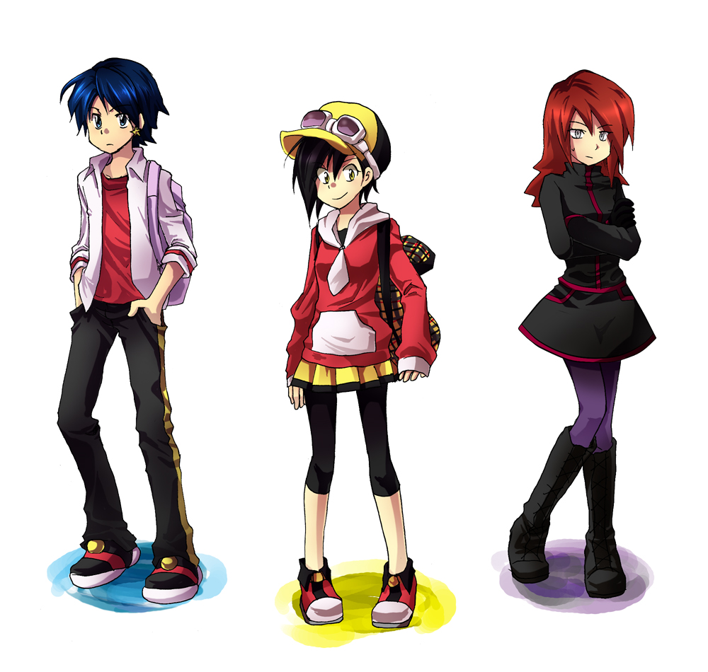bag, black_hair, blue_eyes, blue_hair, boots, cabbie_hat, crystal_(pokemon), dress_shirt