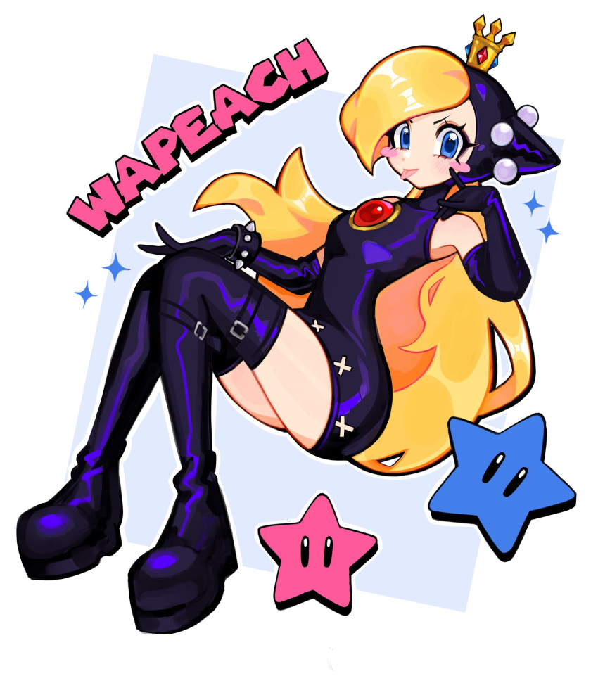 1girl, bare_shoulders, blonde_hair, blue_background, blue_eyes, blush_stickers, boots, bracelet