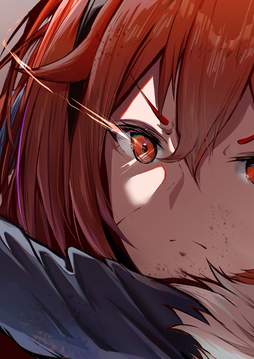 1girl, absurdres, angry, black_headwear, blood, blood_on_face, eris_greyrat, glowing, glowing_eyes, highres, mushoku_tensei, red_eyes, redhead, solo, solo_focus, yoru_no