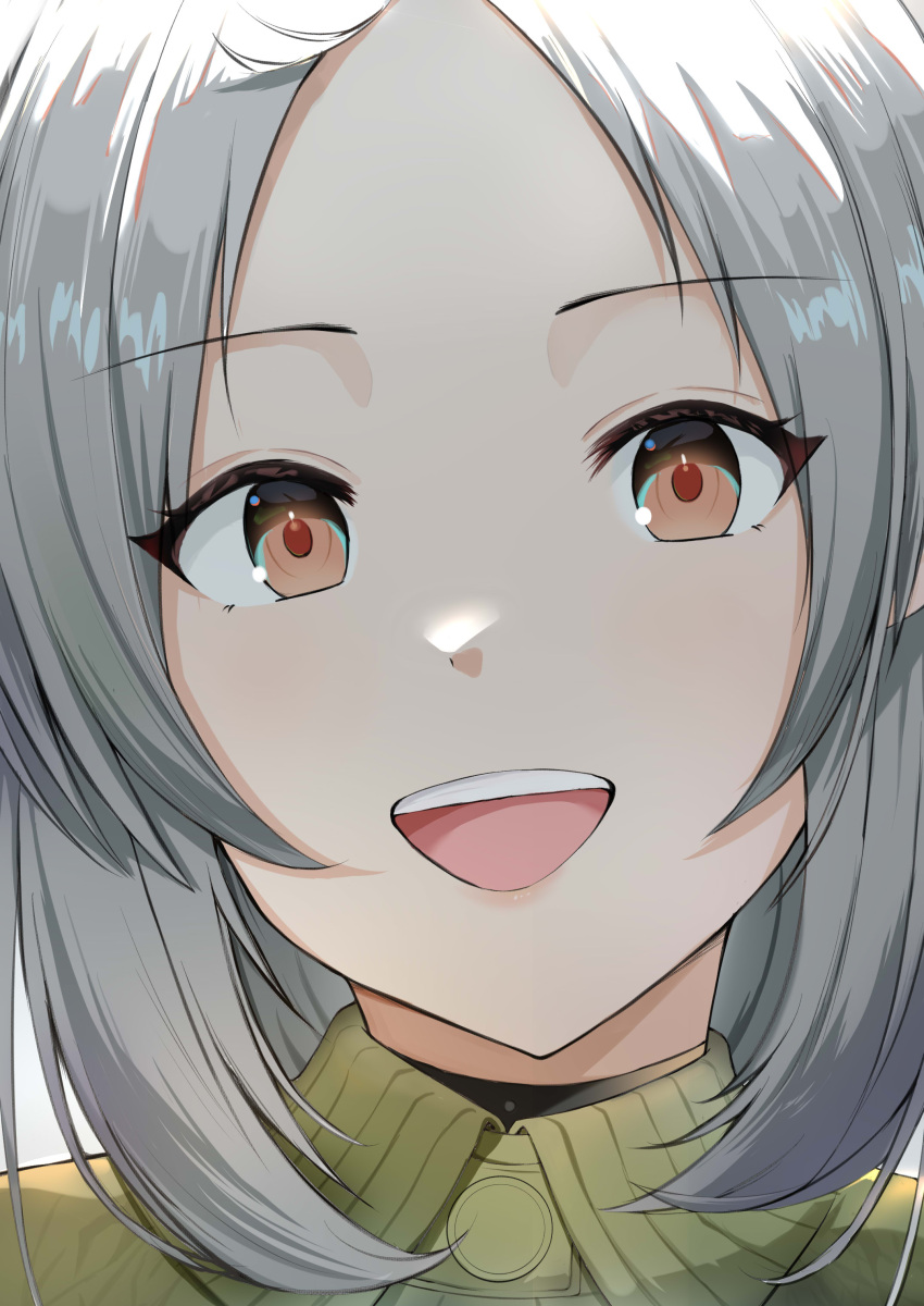 1girl, absurdres, grey_hair, highres, medium_hair, mushoku_tensei, profile_picture, red_eyes, ribbed_collar, shirt, smile, solo, solo_focus, sweater, sylphiette_(mushoku_tensei), white_background, yoru_no