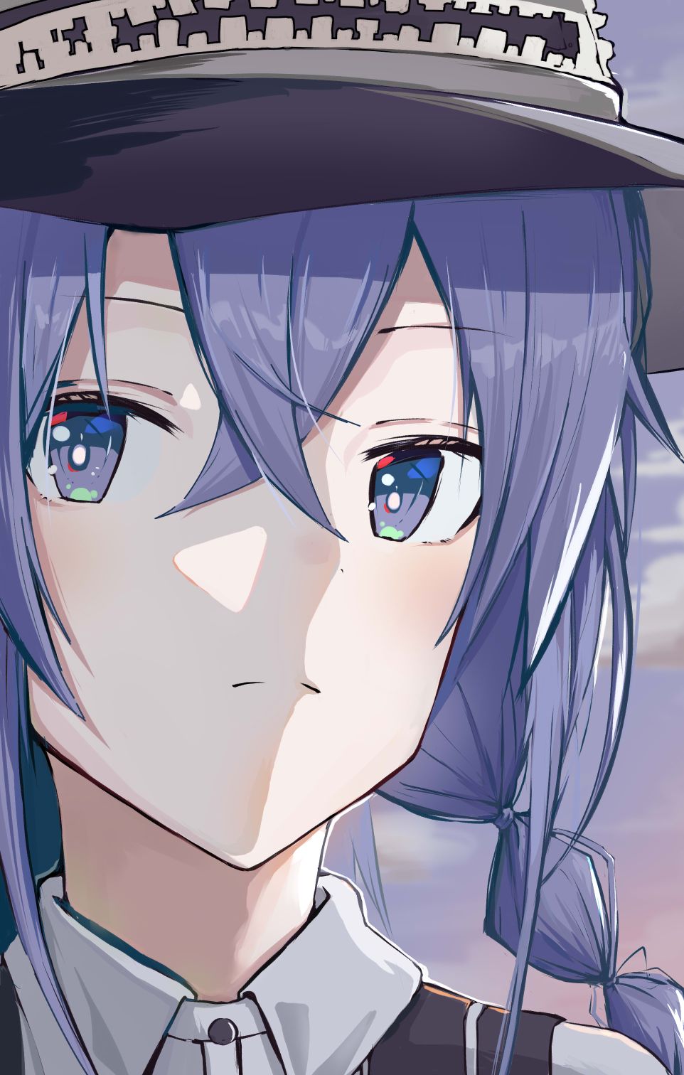 black_headwear, blue_eyes, blue_hair, braid, clouds, cloudy_sky, collared_shirt, highres, large_hat, mushoku_tensei, profile_picture, roxy_migurdia, shirt, sky, yoru_no