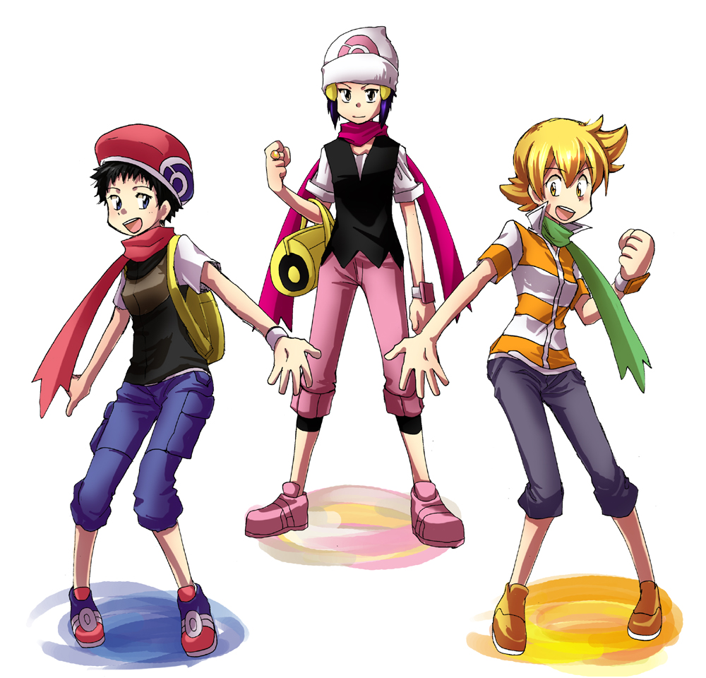 black_hair, blonde_hair, blue_eyes, blue_hair, brown_eyes, capri_pants, diamond_(pokemon), genderswap