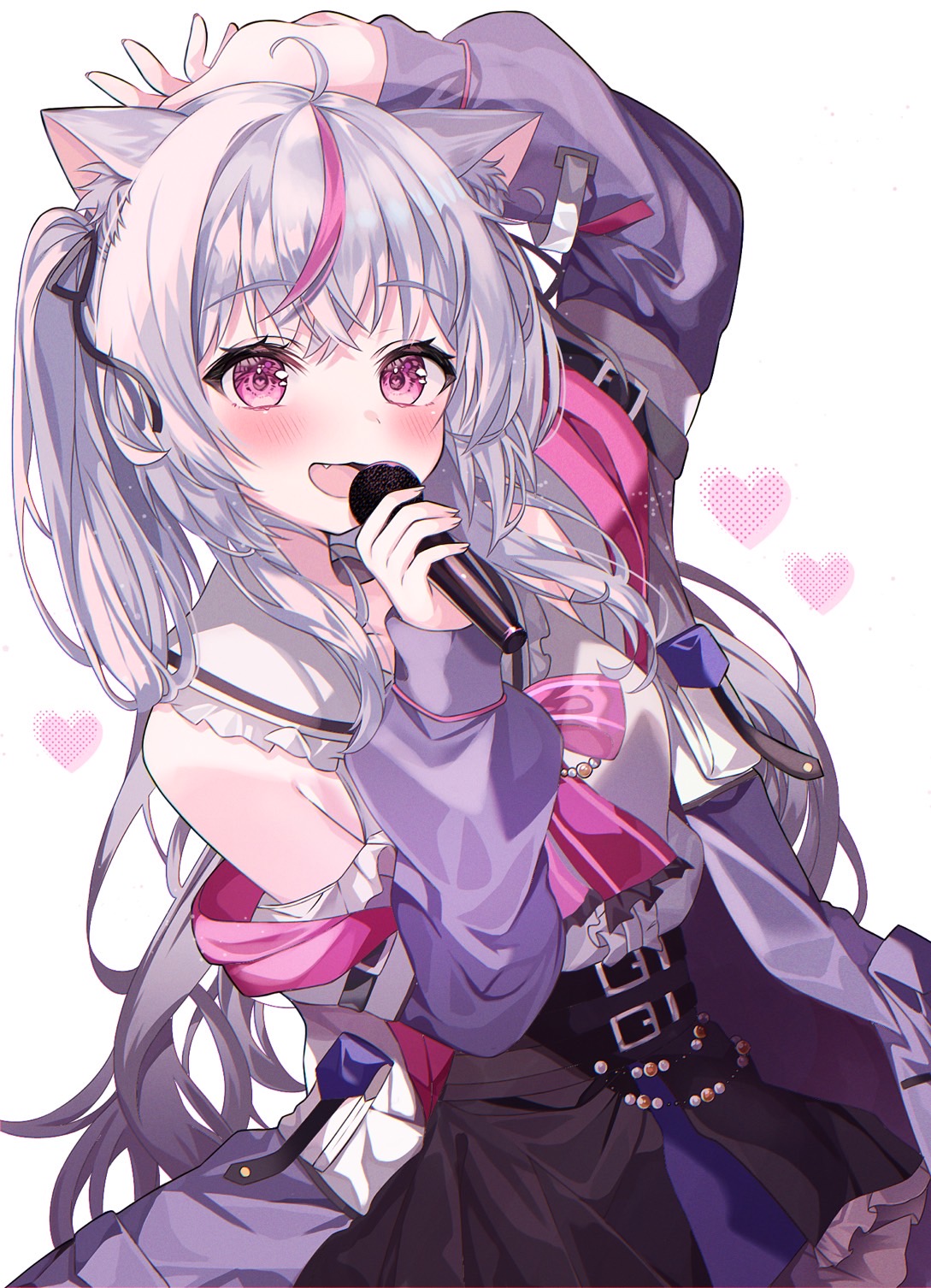 1girl, ahoge, animal_ear_fluff, animal_ears, belt, black_belt, black_skirt, blush