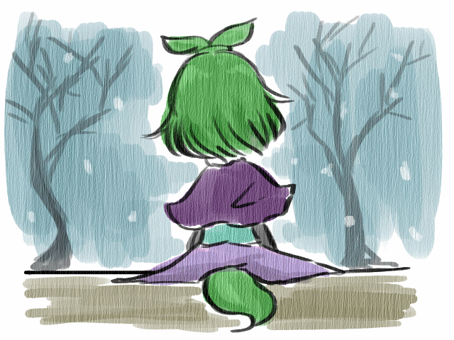 1other, adagumo_no_saragimaru, androgynous, animated, animated_gif, aqua_shirt, black_sleeves, capelet, cileuhsa, from_behind, green_hair, len'en, long_sleeves, medium_hair, other_focus, purple_capelet, purple_skirt, shirt, sitting, skirt, snake_tail, snowing, solo, split_ponytail, tail, winter