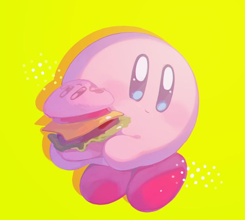 blue_eyes, burger, closed_mouth, colored_skin, commentary_request, drop_shadow, food, highres