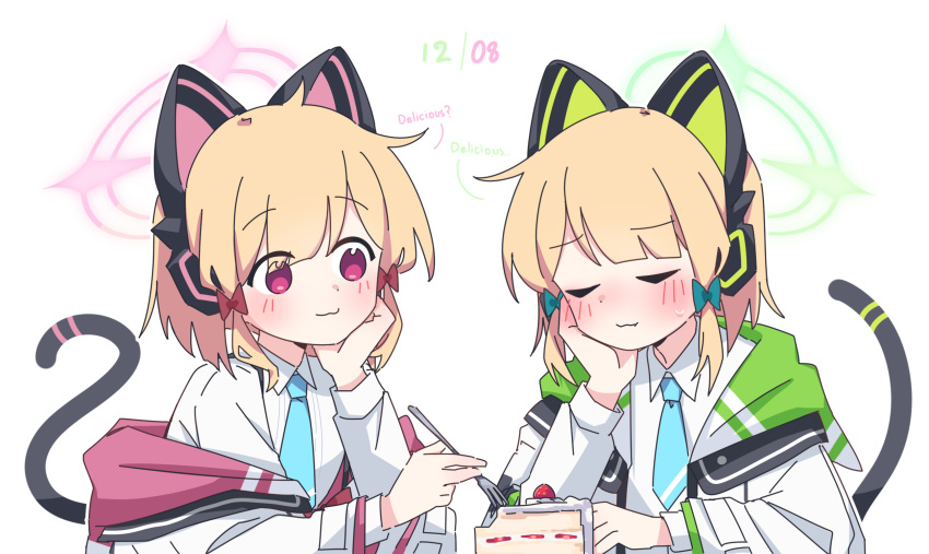 2girls, :3, animal_ear_headphones, animal_ears, arm_support, blonde_hair, blue_archive, blue_necktie