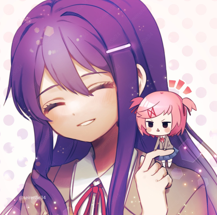 2girls, blazer, chibi, closed_eyes, collar, collared_shirt, doki_doki_literature_club, hair_ornament