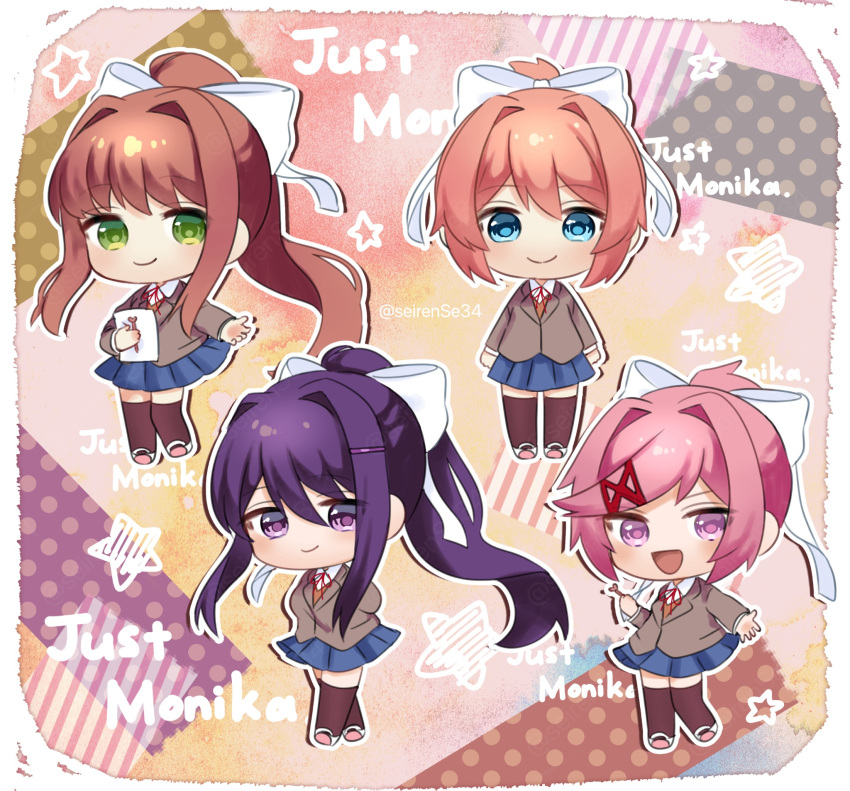4girls, blazer, blue_skirt, brown_hair, chibi, doki_doki_literature_club, green_eyes, highres, jacket, monika_(doki_doki_literature_club), multiple_girls, natsuki_(doki_doki_literature_club), open_mouth, paper, pink_eyes, pink_hair, purple_hair, sayori_(doki_doki_literature_club), school_uniform, seirense34, skirt, violet_eyes, yuri_(doki_doki_literature_club)