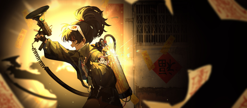 1girl, 3d_glasses, absurdres, an-an_lee, antithetical_couplet, arm_up, backpack, bag, bell_jar, black_bag, black_gloves, black_hair, black_skirt, blurry, blurry_foreground, commentary, cowboy_shot, dao_fu, dark, door, eyewear_on_head, fingerless_gloves, from_side, gloves, glowing, green_jacket, hand_up, high_ponytail, highres, holding, holding_megaphone, hose, jacket, long_sleeves, longze_mashu, looking_ahead, megaphone, miniskirt, ofuda, open_mouth, profile, reverse:1999, shadow, shirt, short_hair, skirt, smile, solo, talisman, walking, white_shirt, yellow_eyes