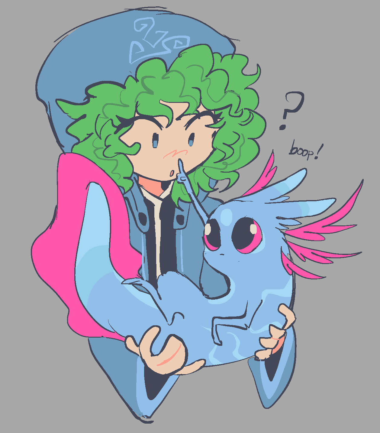 1other, ?, androgynous, azrielfiend, black_shirt, blue_jacket, character_request, commentary