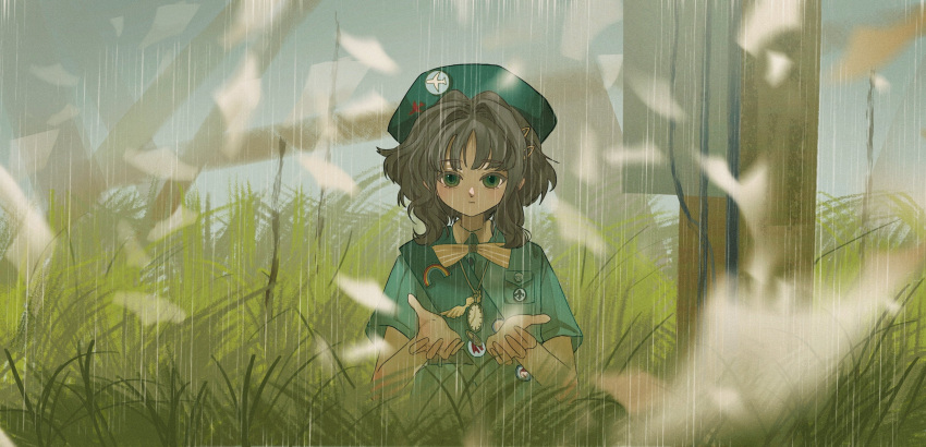 1girl, absurdres, badge, beret, biquan_dogger, blurry, blurry_foreground, bow