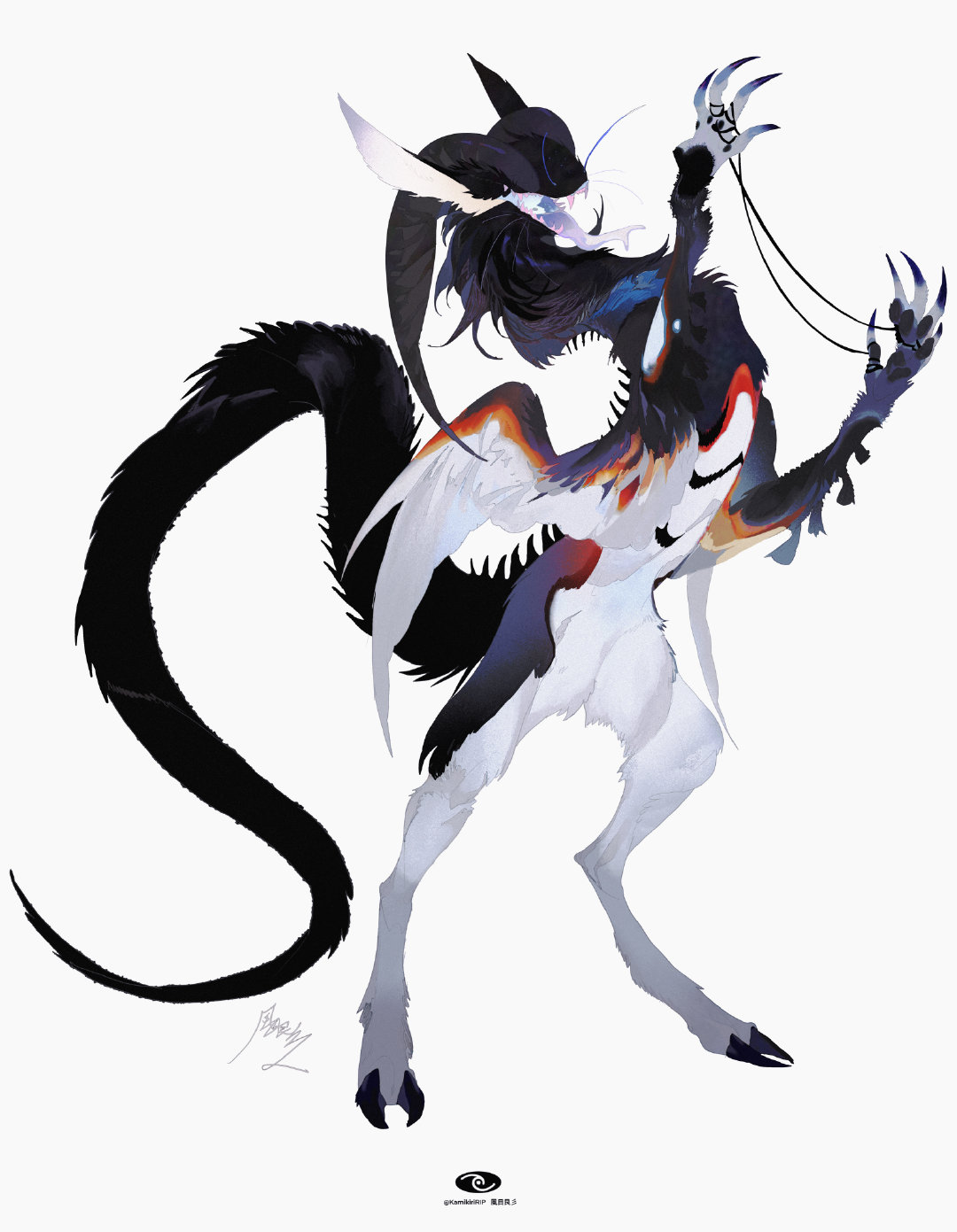 animal_ears, animal_focus, artist_name, bird_wings, black_ribbon, body_fur, claws, cloven_hooves, colored_tongue, curled_horns, fangs, feathered_wings, forked_tongue, from_side, full_body, hands_up, highres, holding, holding_ribbon, hooves, horns, kamikiririp, monster, no_eyes, no_humans, open_mouth, original, purple_tongue, rearing, ribbon, sharp_teeth, sheep_horns, signature, simple_background, solo, spikes, standing, tail, teeth, tongue, tongue_out, whiskers, white_background, white_fur, wings