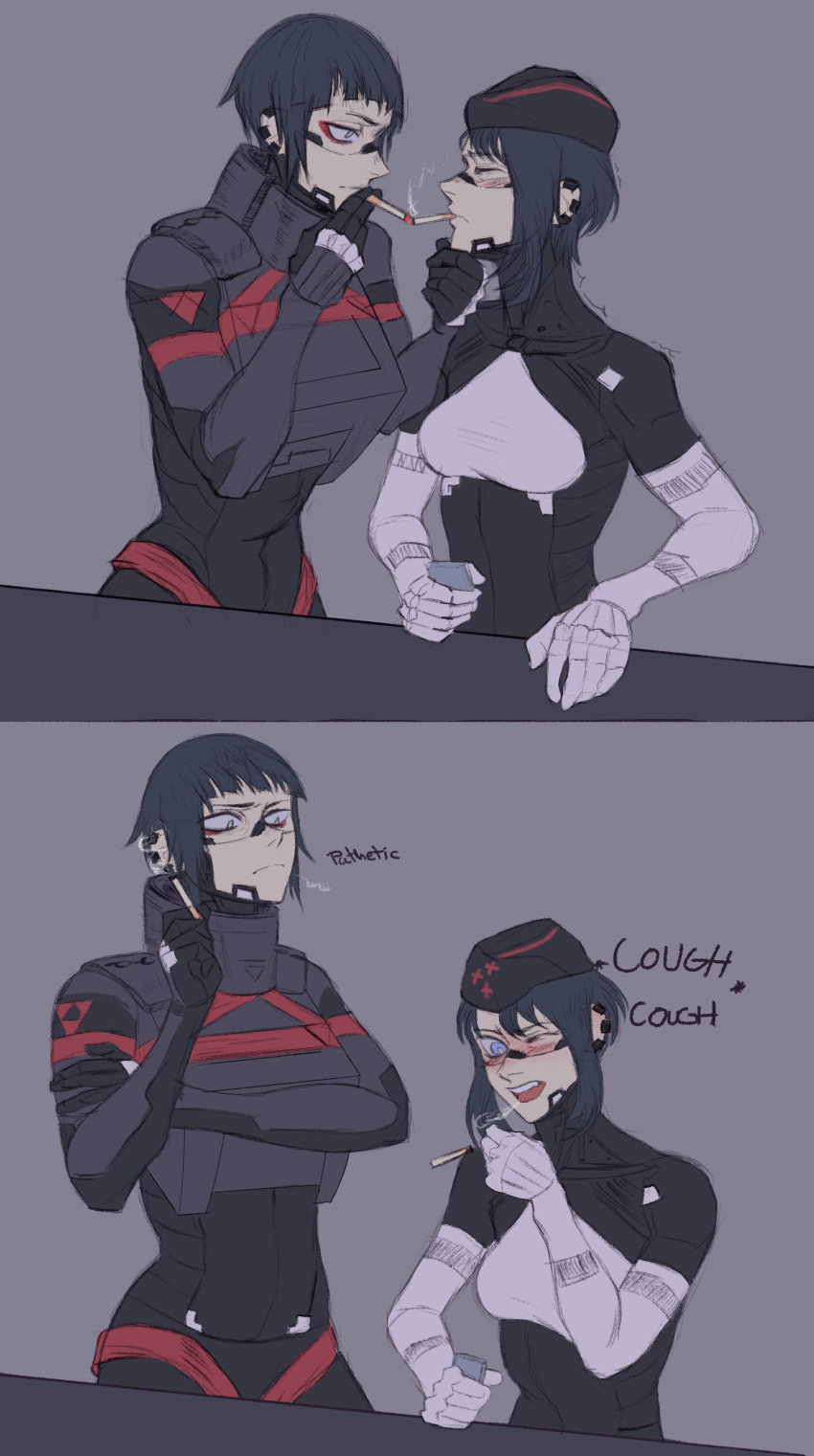2girls, absurdres, android, armor, black_hair, blue_eyes, blush, choppy_bangs