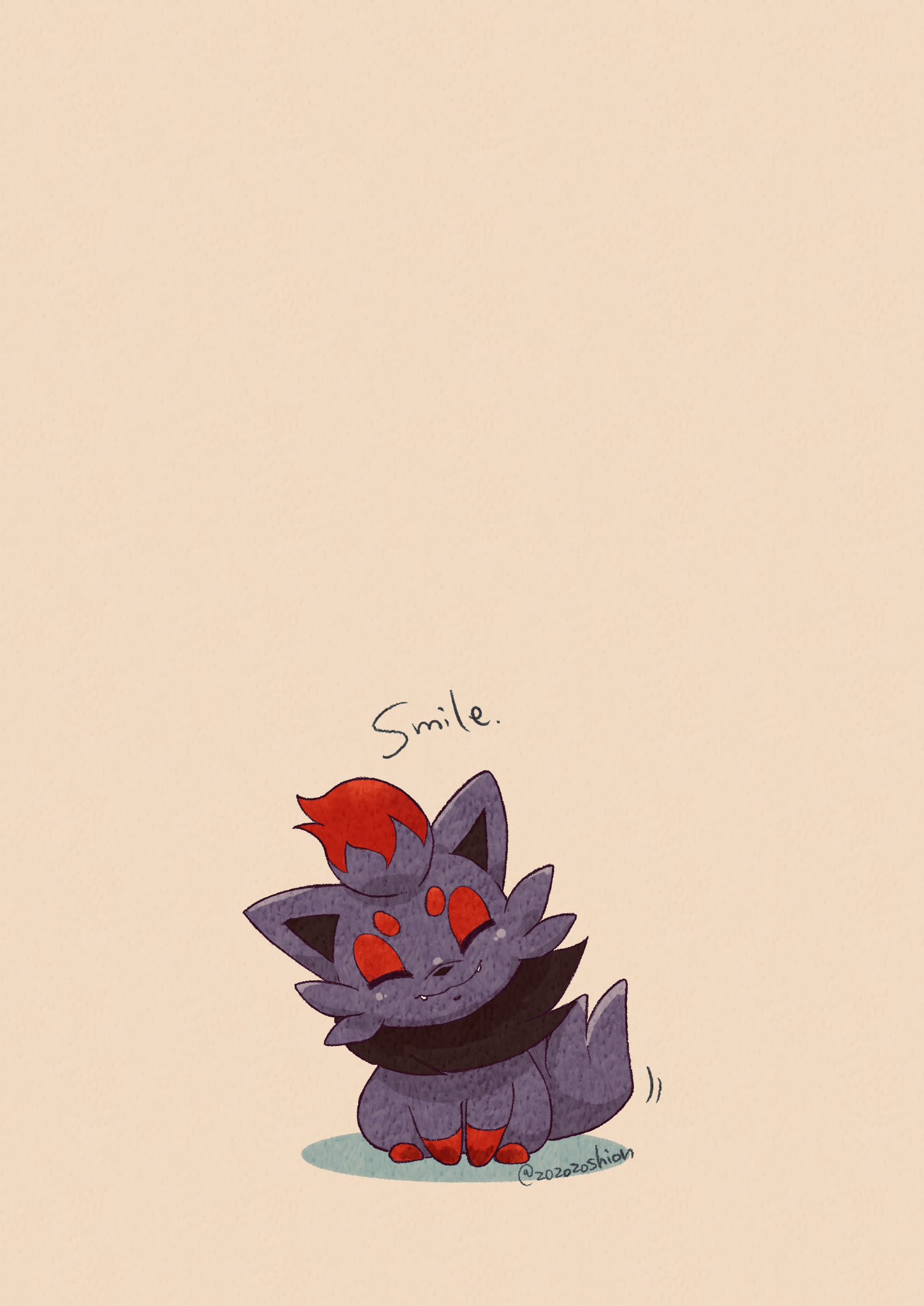 ^_^, animal_focus, artist_name, black_fur, closed_eyes, commentary_request, english_text, highres, no_humans, pokemon, pokemon_(creature), simple_background, sitting, smile, solo, tail, twitter_username, white_background, zorua, zozozoshion