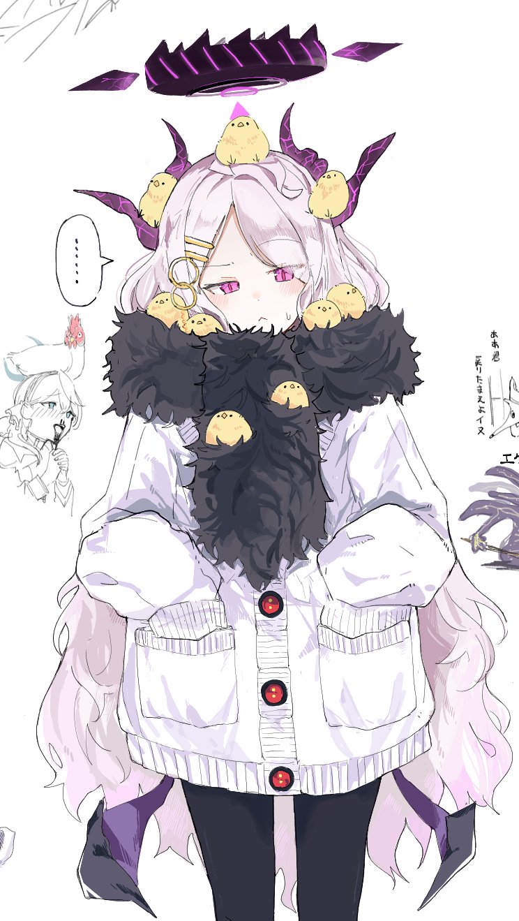 2girls, ako_(blue_archive), animal, animal_on_head, bird, bird_on_head, black_horns, black_pantyhose, black_scarf, blue_archive, blush, buttons, chick, closed_mouth, demon_horns, halo, highres, hina_(blue_archive), horns, jacket, long_hair, multiple_girls, multiple_horns, nisumo, on_head, pantyhose, parted_bangs, scarf, sleeves_past_fingers, sleeves_past_wrists, very_long_hair, violet_eyes, white_hair, white_jacket