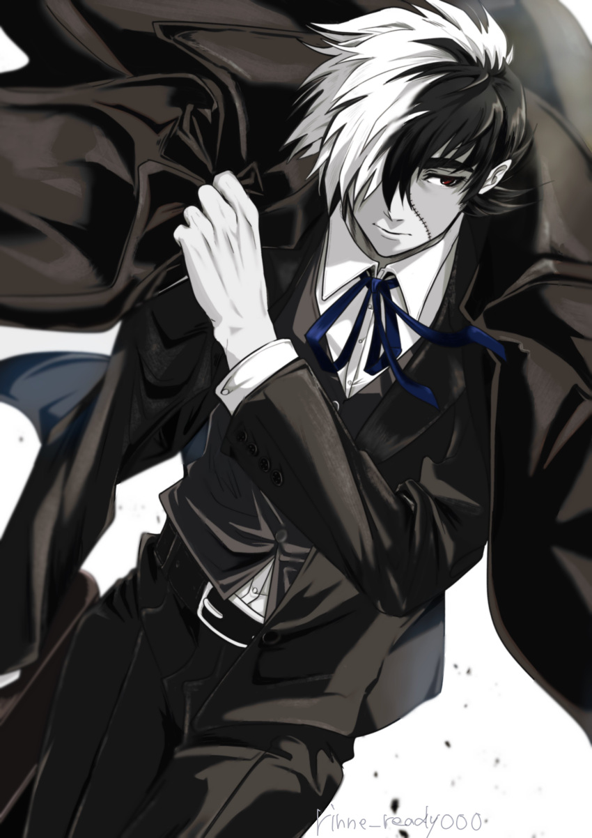 1boy, absurdres, artist_name, belt, belt_buckle, black_jack_(character), black_jack_(series), blue_ribbon, buckle, closed_mouth, coat, collared_shirt, dutch_angle, hair_over_one_eye, hayate_aki, highres, holding, holding_clothes, holding_coat, long_sleeves, male_focus, monochrome, multicolored_hair, neck_ribbon, pants, patchwork_skin, red_eyes, ribbon, scar, scar_on_face, shirt, short_hair, sideburns, simple_background, solo, split-color_hair, spot_color, stitched_face, stitches, thick_eyebrows, twitter_username, two-tone_hair, vest, walking, wing_collar