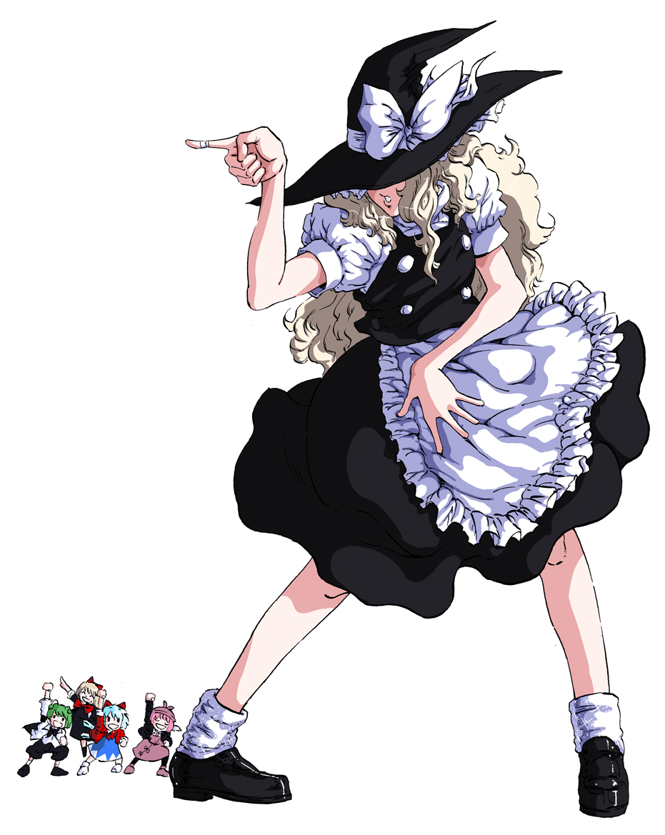 5girls, apron, blonde_hair, cirno, dress, hat, hat_over_eyes, kirisame_marisa, michael_jackson, multiple_girls, mystia_lorelei, parody, pigeon-toed, pointing, pose, rumia, simple_background, smooth_criminal, sparkle, team_9, touhou, witch_hat, wriggle_nightbug, yoshiyasu98