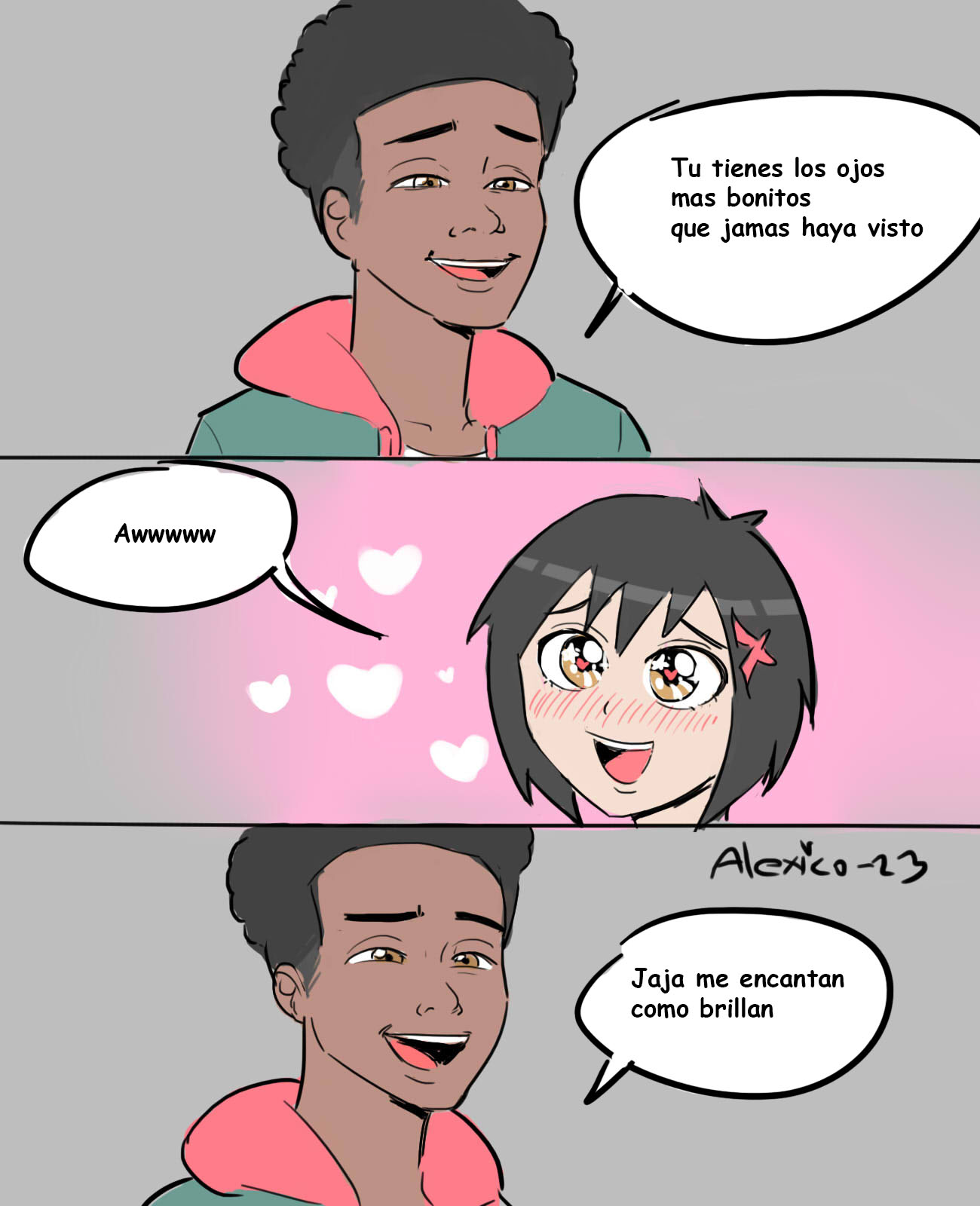 1boy, 1girl, afro, black_hair, blush, brown_eyes, commentary, dark-skinned_male, dark_skin, hair_ornament, heart, highres, hood, hoodie, marvel, medium_hair, miles_morales, open_mouth, peni_parker, signature, smile, spanish_commentary, spanish_text, spider-man:_across_the_spider-verse, spider-man_(series), spider-verse, star_(symbol), star_in_eye, symbol_in_eye, thecooleralexico, translated, x_hair_ornament