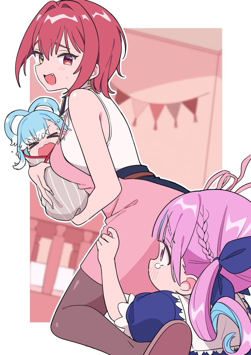 >_<, 3girls, aged_down, apron, black_pantyhose, black_skirt, blue_dress, blue_hair
