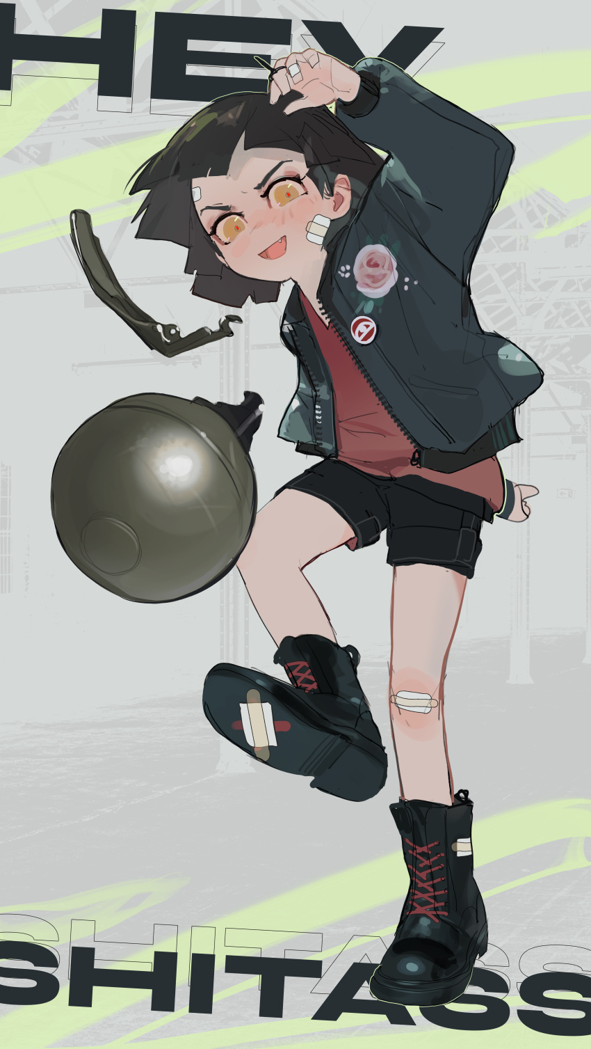 1girl, absurdres, ankle_boots, bandage_on_face, bandages, bandaid, bandaid_on_knee, bandaid_on_leg