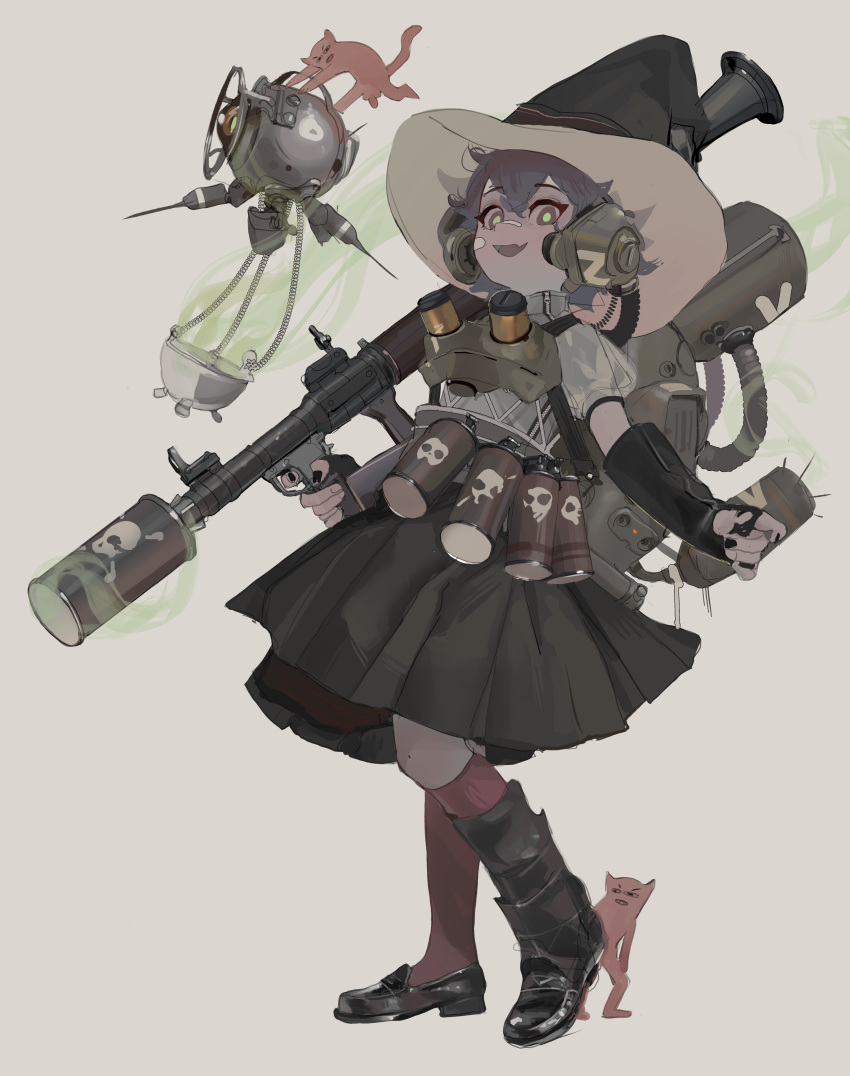 1girl, absurdres, asymmetrical_legwear, bandage_on_face, bandages, bandaid, bandaid_on_face, bandaid_on_nose, black_footwear, black_skirt, boots, fingerless_gloves, gas_grenade, gloves, highres, kneehighs, looking_at_viewer, original, polilla, rocket_launcher, rpg-7, rpg_(weapon), skirt, socks, solo, weapon, white_background, witch