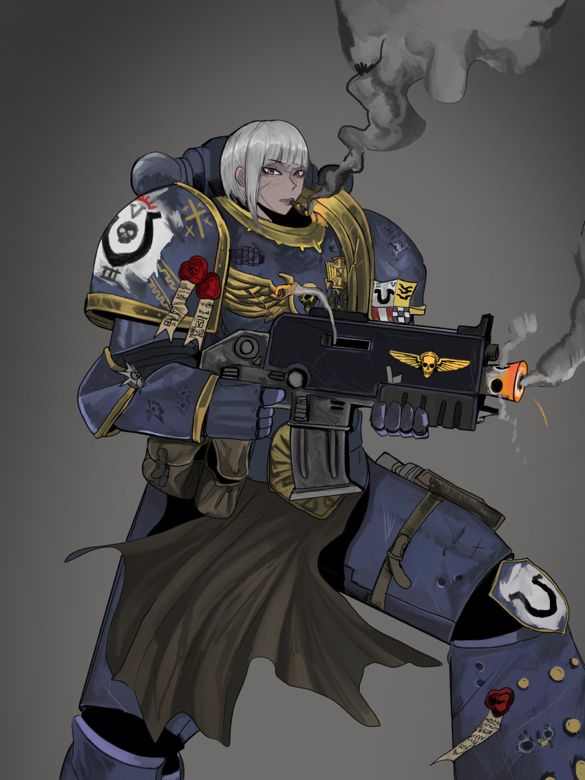 1girl, adeptus_astartes, armor, blue_armor, bolter, bullet_hole, grey_hair, gun