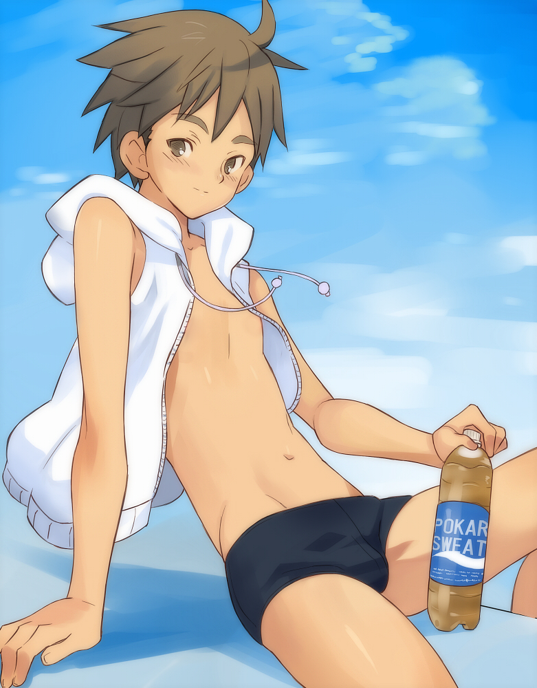 1boy, brand_name_imitation, brandname_parody, brown_eyes, brown_hair, hoodie, male, pocari_sweat, rand_(artist), short_hair, solo, swim_trunks, swimsuit