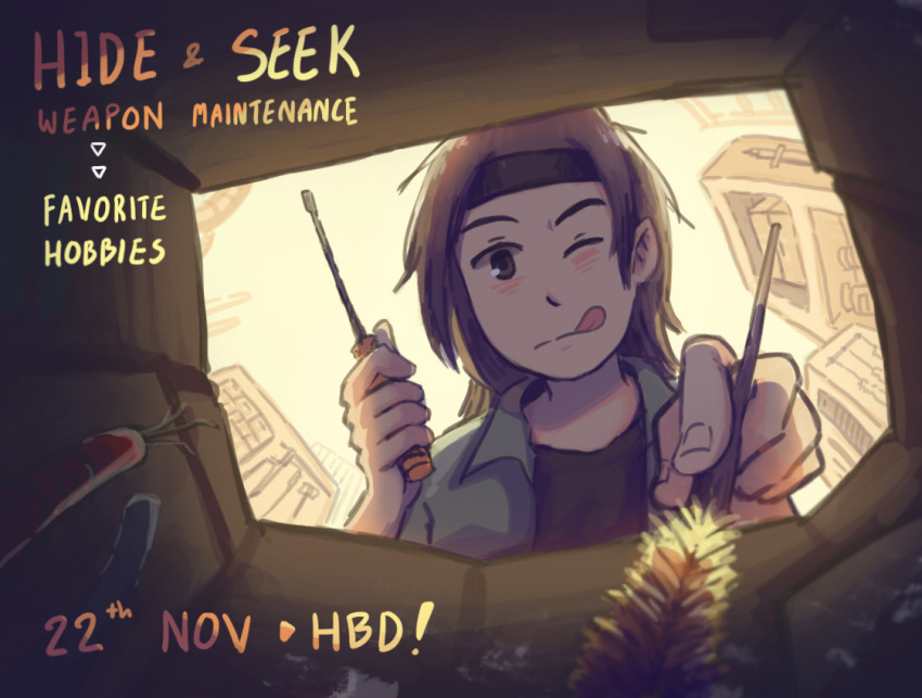 1other, :q, androgynous, birthday, black_headband, black_shirt, blush_stickers, box_pov, brown_eyes, brown_hair, closed_mouth, collared_jacket, commentary, dated, english_commentary, english_text, fingernails, frown, green_jacket, green_sleeves, happy_birthday, headband, holding, holding_screwdriver, indoors, jacket, kurohebi, len'en, machinery, medium_hair, one_eye_closed, open_clothes, open_jacket, other_focus, screwdriver, shirt, short_sleeves, solo, tongue, tongue_out, upper_body, yamanoskk