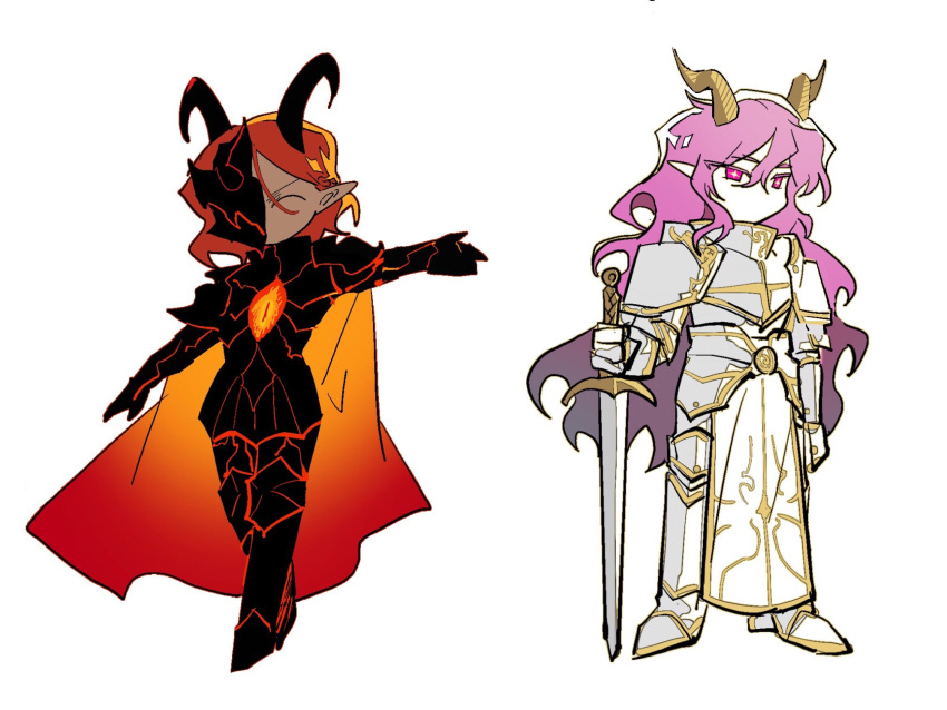 2boys, armor, bag, black_horns, black_mask, cape, cocopalm, dark-skinned_male