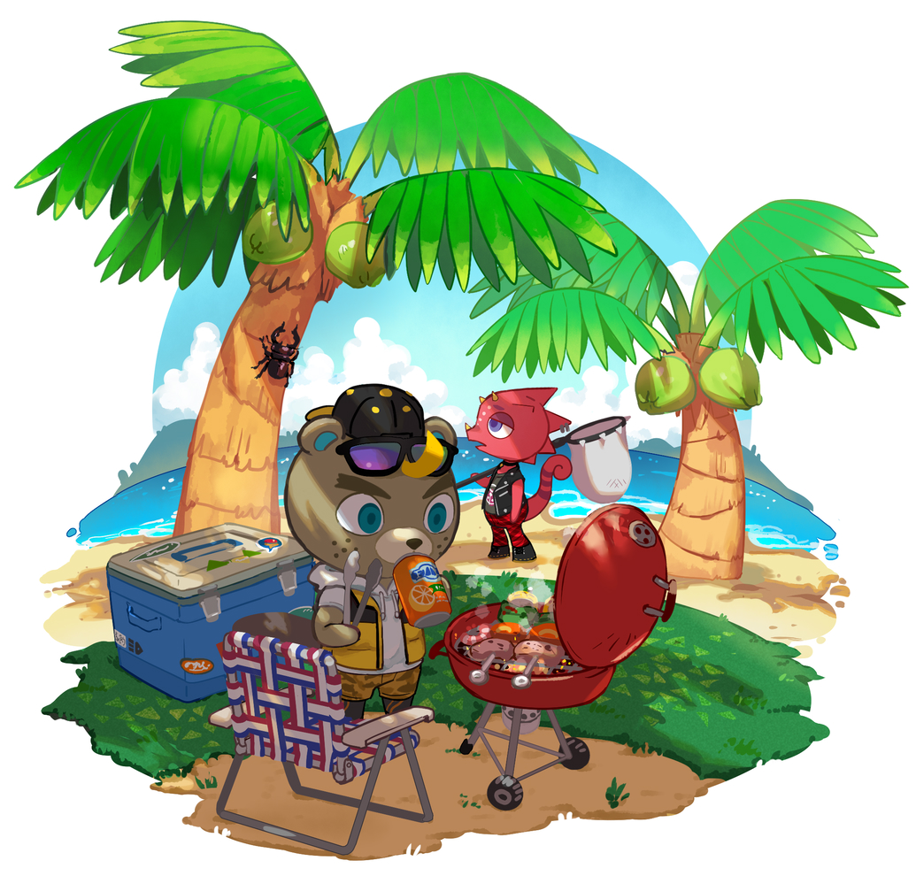 2boys, animal_crossing, backwards_hat, baseball_cap, beach, beetle, black_footwear, black_headwear
