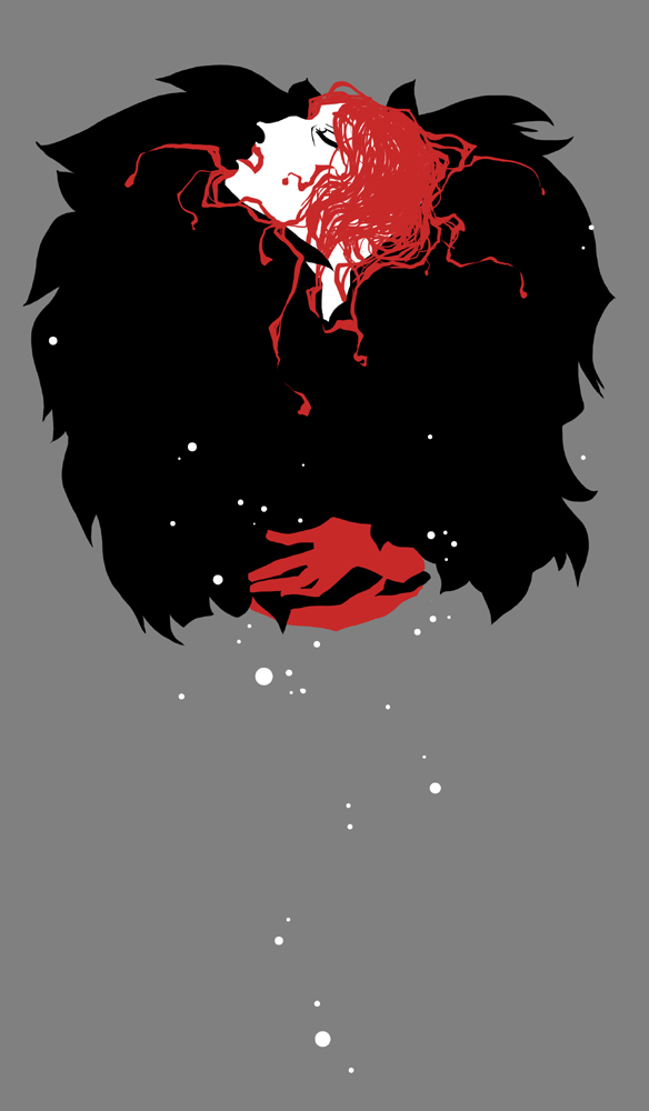 1girl, black_scarf, clenched_teeth, closed_eyes, commentary, english_commentary, gloves, grey_background, hair_spread_out, medium_hair, original, pointy_nose, red_gloves, red_lips, redhead, scarf, selkie_(mythology), simple_background, solo, teeth, upper_body, water_drop, yutaan