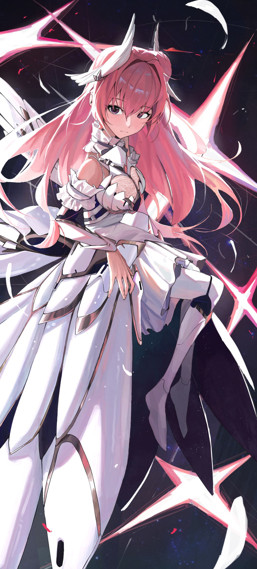 1girl, absurdres, armor, armored_boots, armored_dress, boots, bracer, breasts, closed_mouth, detached_sleeves, dorothy_(nikke), dress, flying, frilled_dress, frills, from_side, frown, full_body, goddess_of_victory:_nikke, hair_bun, highres, light_blush, long_hair, looking_at_viewer, mechanical_wings, medium_breasts, ninney5, pink_hair, see-through, solo, violet_eyes, white_dress, wings