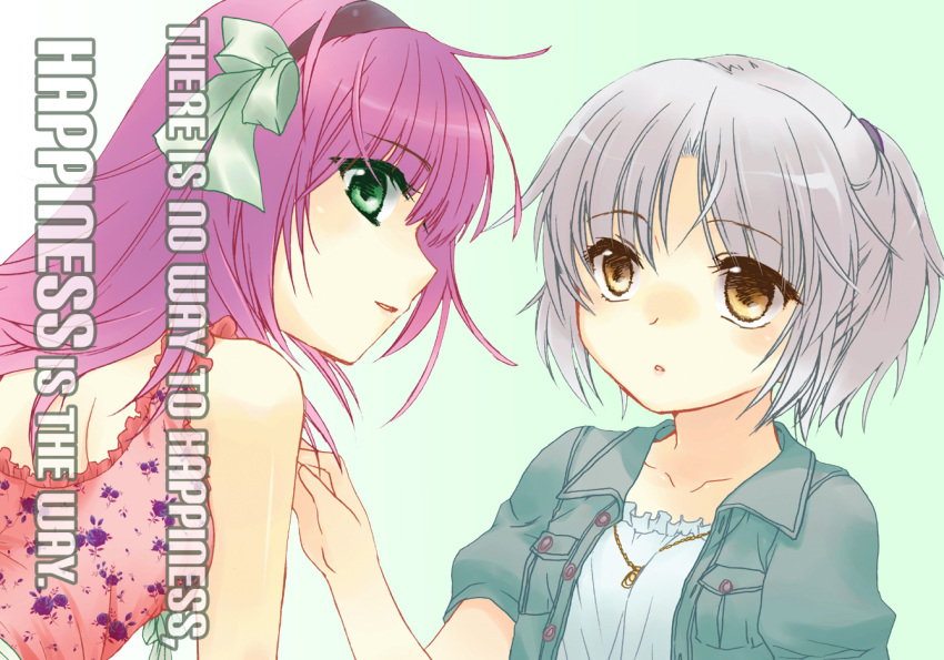 brown_eyes, casual, green_eyes, kanae_funwa, purple_hair, short_hair, silver_hair, tachibana_kanade