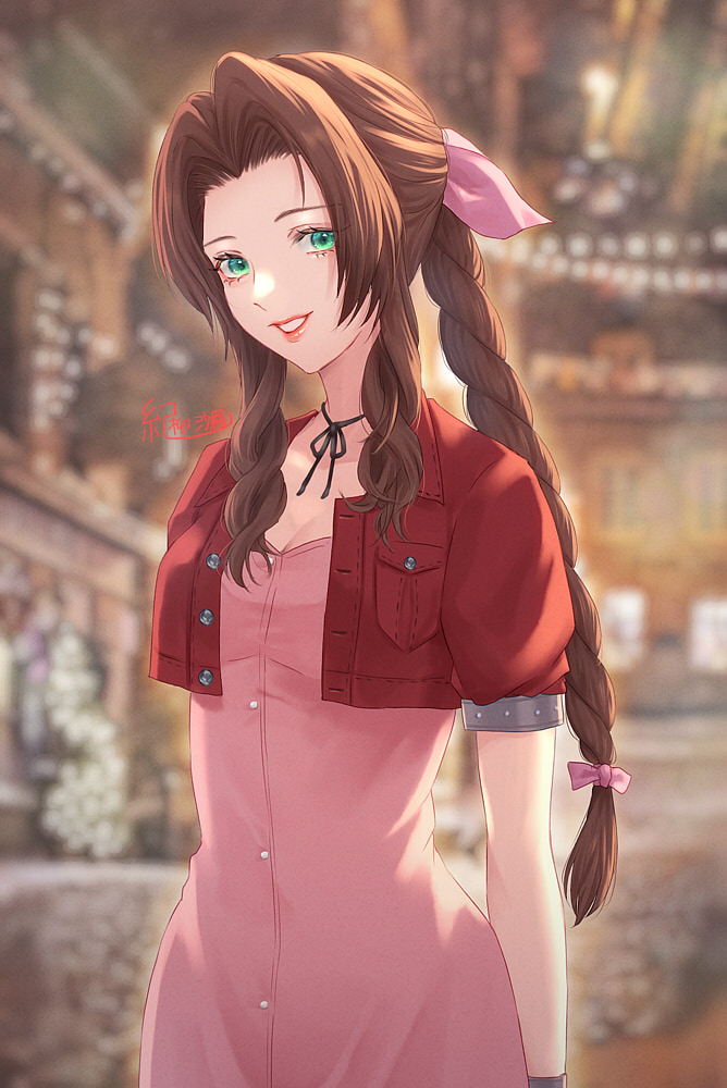 1girl, aerith_gainsborough, blurry, blurry_background, braid, braided_ponytail, brown_hair, buttons