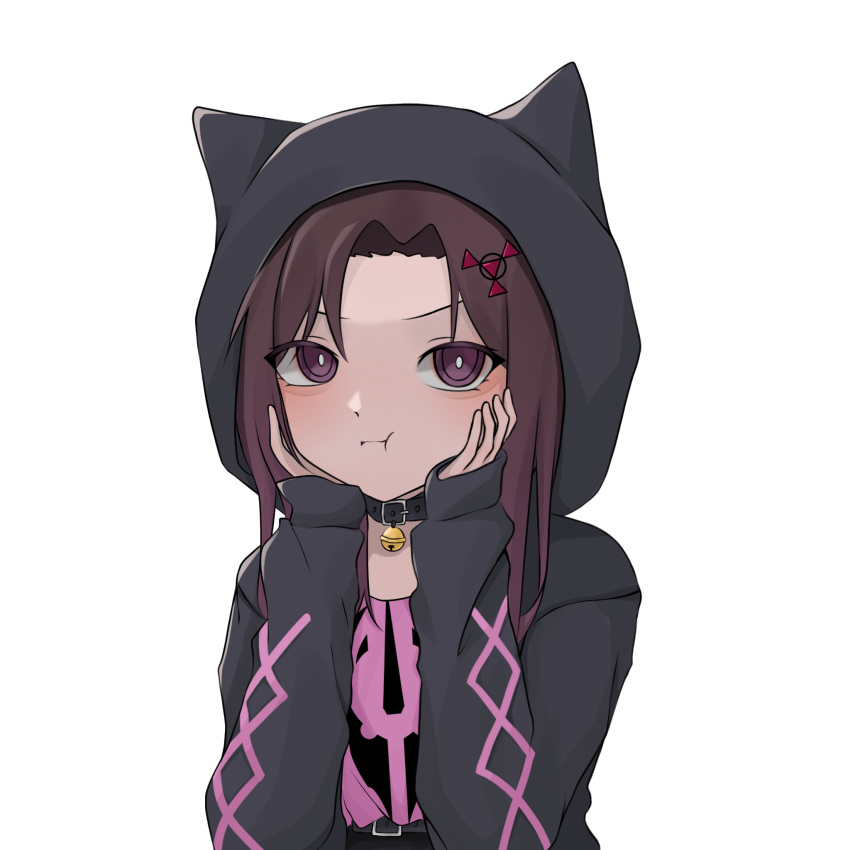 1girl, bell, belt, belt_choker, black_jacket, breasts, brown_hair, choker