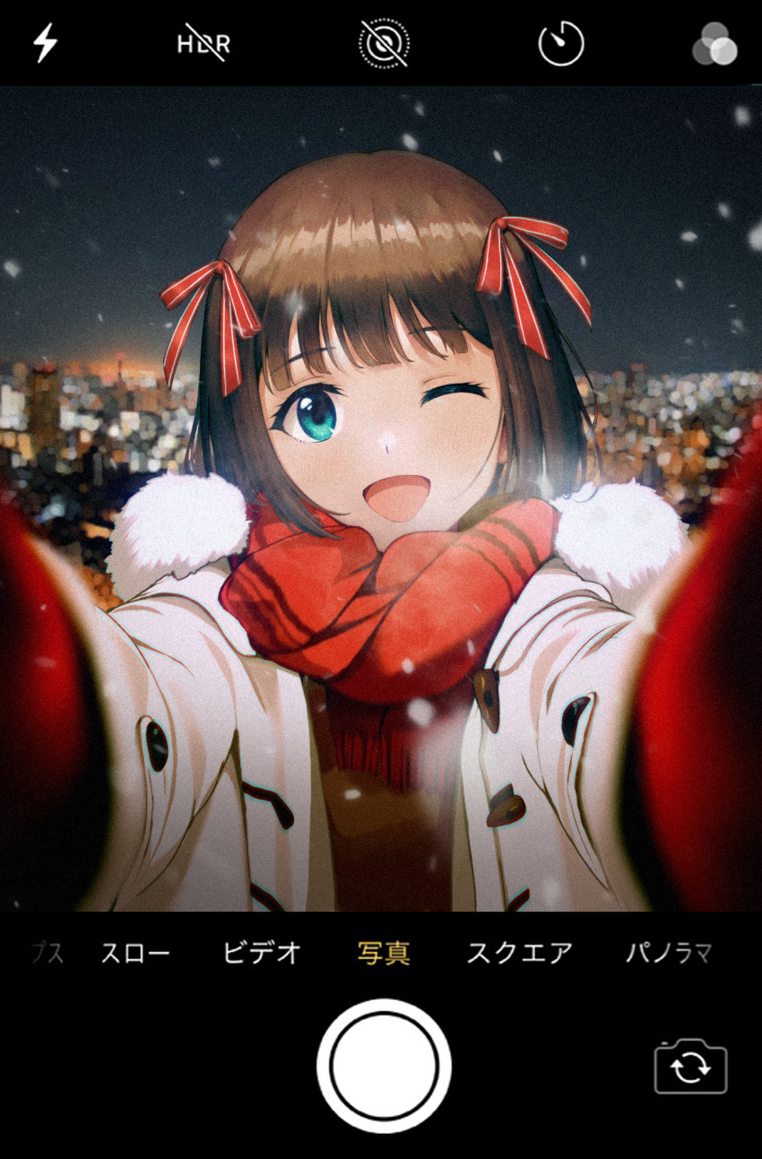 1girl, ;d, amami_haruka, blurry, blurry_background, blush, brown_hair, coat