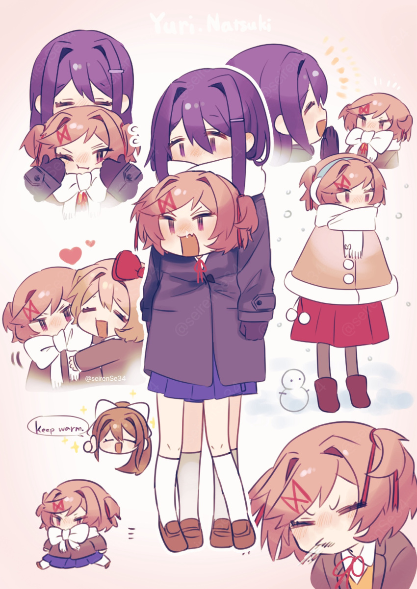 4girls, black_sweater, blazer, blue_skirt, brown_hair, closed_eyes, doki_doki_literature_club, highres, jacket, monika_(doki_doki_literature_club), multiple_girls, natsuki_(doki_doki_literature_club), open_mouth, pink_hair, purple_hair, sayori_(doki_doki_literature_club), school_uniform, seirense34, short_hair, skirt, socks, sweater, white_socks, winter_clothes, yuri_(doki_doki_literature_club)
