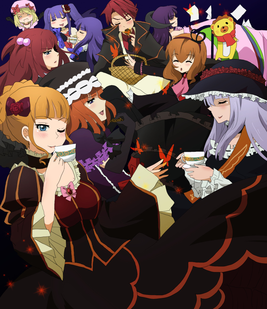 aidmoon, basket, beatrice, blonde_hair, blue_eyes, blue_hair, blush, bow, breasts, cape, choker, closed_eyes, cookie, crown, cup, elbow_gloves, eva_beatrice, featherine_augustus_aurora, flower, food, frederica_bernkastel, frills, furudo_erika, gloves, grey_hair, hair_bobbles, hair_bow, hair_flower, hair_ornament, hair_ribbon, hairclip, hat, highres, horns, lambdadelta, maria_(umineko), multiple_girls, necktie, o_o, paper, purple_eyes, purple_hair, red_hair, red_rose, redhead, ribbon, rose, sakutarou, saliva, sash, scarf, teacup, umineko_no_naku_koro_ni, ushiromiya_ange, ushiromiya_battler, violet_eyes, virgilia, white_eyes, wink