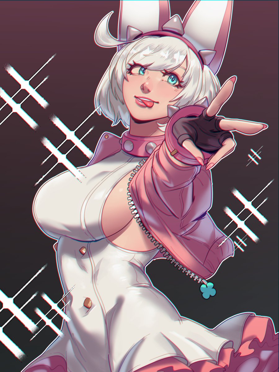 1girl, :p, ahoge, animal_ears, black_gloves, breasts, collar, dress, elphelt_valentine, fingerless_gloves, frilled_dress, frills, gloves, guilty_gear, guilty_gear_strive, hairband, highres, huge_ahoge, jacket, large_breasts, looking_at_viewer, pink_jacket, pink_nails, short_hair, sideboob, skullworms, spiked_collar, spiked_hairband, spikes, tongue, tongue_out, v, white_dress, white_hair