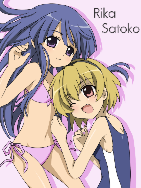 2girls, bikini, blonde_hair, blue_hair, brown_eyes, compacthuman, fang, furude_rika