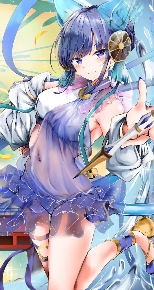 1girl, animal_ears, bare_shoulders, baton, blue_eyes, blue_hair, blush, breasts