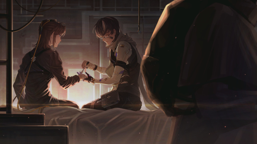 2boys, applying_bandages, armband, bandaged_arm, bandages, bandaid, bandaid_on_cheek, bandaid_on_face