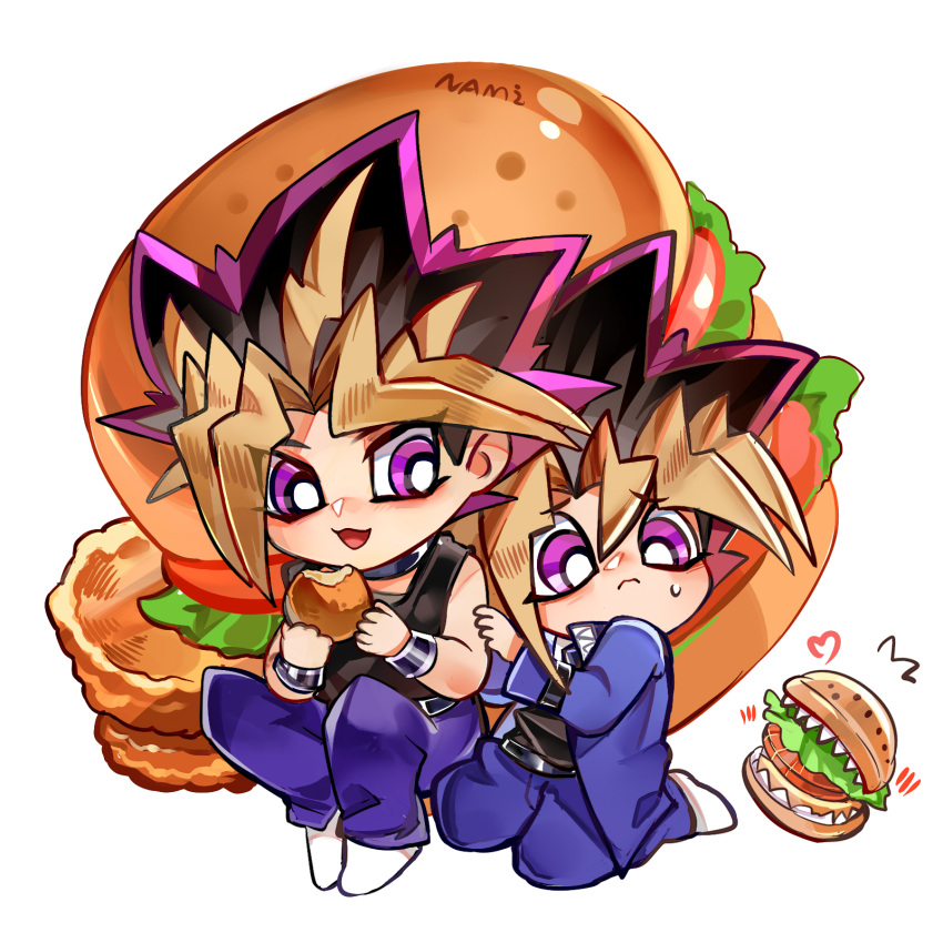 2boys, black_tank_top, blue_jacket, blue_pants, bracelet, bright_pupils, burger, chibi