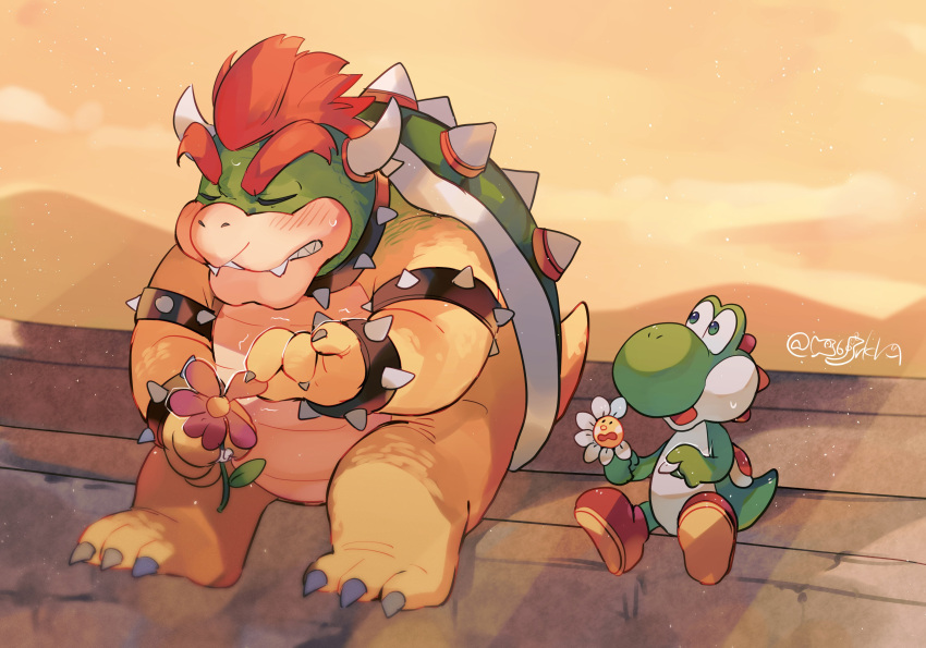 2boys, absurdres, armlet, blush, boots, bowser, bracelet, brown_footwear, closed_eyes, flower, hanaon, highres, holding, holding_flower, horns, jewelry, looking_at_another, multiple_boys, open_mouth, orange_sky, outdoors, plucking_petals, redhead, sitting, sky, spiked_armlet, spiked_bracelet, spikes, super_mario_bros., yoshi