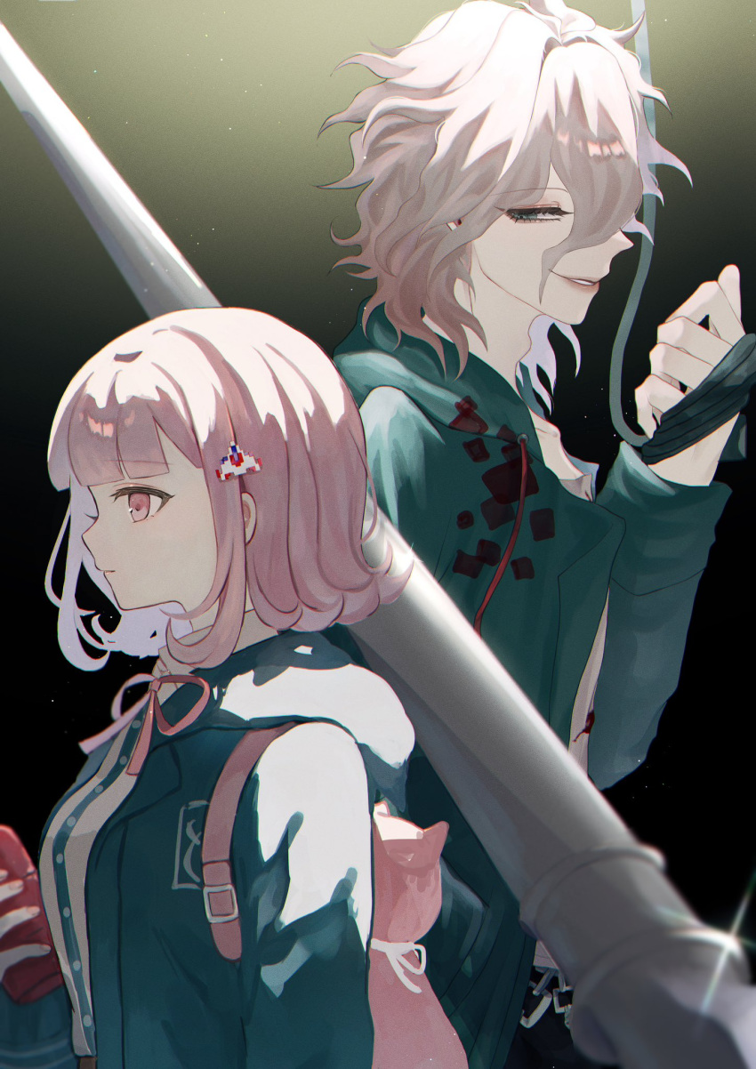 1boy, 1girl, backpack, bag, black_jacket, collaboration, collared_shirt, danganronpa_(series)